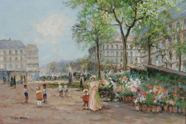 Manner of Jacques Deveau (b. 1937), Flower Market: In the manner of Jacques Deveau (French, born 1937). Paris street scene with flower stand. Oil on canvas. Signed "J. Deveau" lower left. Image 24" x 36", frame 32" x 44". Condition: The paint is crack