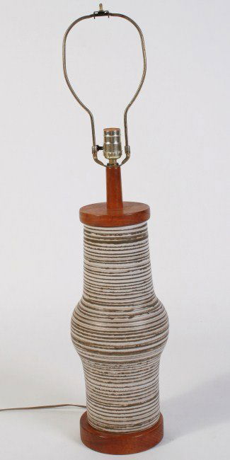 Martz Style Table Lamp, American, 20th C.: Mid Century Martz style ceramic table lamp. 20th century. Probably made by Gordon and Jane Martz. Cylindrical with banded decoration. Height 35". Condition: Appears fine.