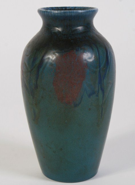 Louise Abel Rookwood Art Pottery Vase, 1920.: Rookwood art pottery vase. American, dated 1920. By Louise Abel. Ovoid body decorated with red floral blossoms against turquoise ground. Marked under foot. Height 8". Condition: Appears fine.