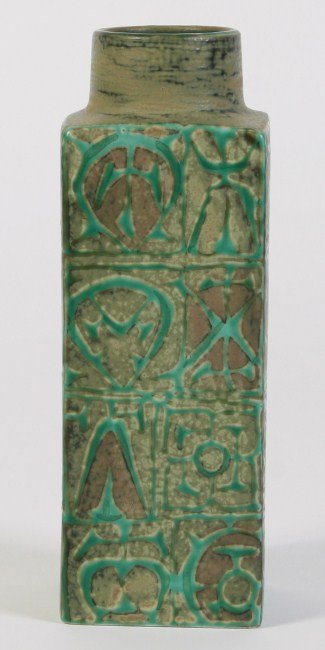 N. Thorsson Royal Copenhagen Pottery Vase, 20th C.: Royal Copenhagen pottery vase. Danish, 20th century. By Nils Thorsson. Square form with green geometric decoration. Marked under foot. Height 9". Condition: Appears fine.