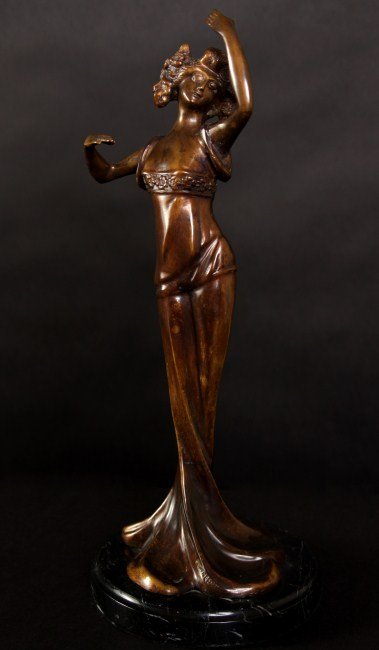After C. Bonnefond (20th C.), Art Nouveau Maiden: After Claude Bonnefond (French, 20th century). Art Nouveau maiden. Bronze. Set on black onyx base. Signed on base. Height 15". Condition: Appears fine.