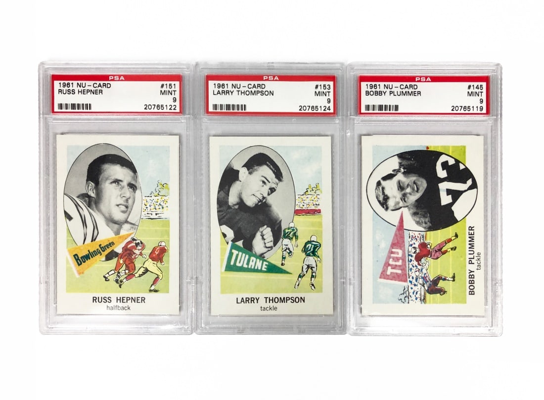 Three 1961 Nu-Cards College Football Cards - PSA 9: A lot of three college football cards by Nu-Cards for the 1961 college football season. All have been graded 9's and slabbed by PSA. Players included: Russ Hepner - Bowling Green University Larry Thom