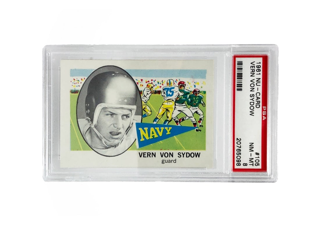 1961 Nu-Card Vern Von Sydow Foodball Card - PSA 8: A 1961 Vern Von Sydow college football card by Nu-Card that has been slabbed and graded an 8 by PSA.