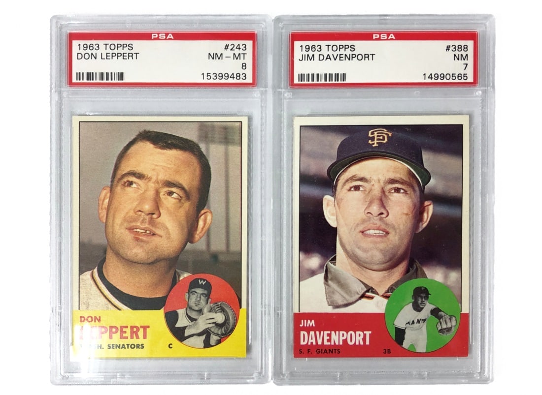Set of 2 PSA Graded 1963 Topps Baseball Cards: Both cards are by Topps for the 1963 MLB seasons. Both cards have been graded and slabbed by PSA. Included players: Don Leppert - PSA 8 Jim Davenport - PSA 7