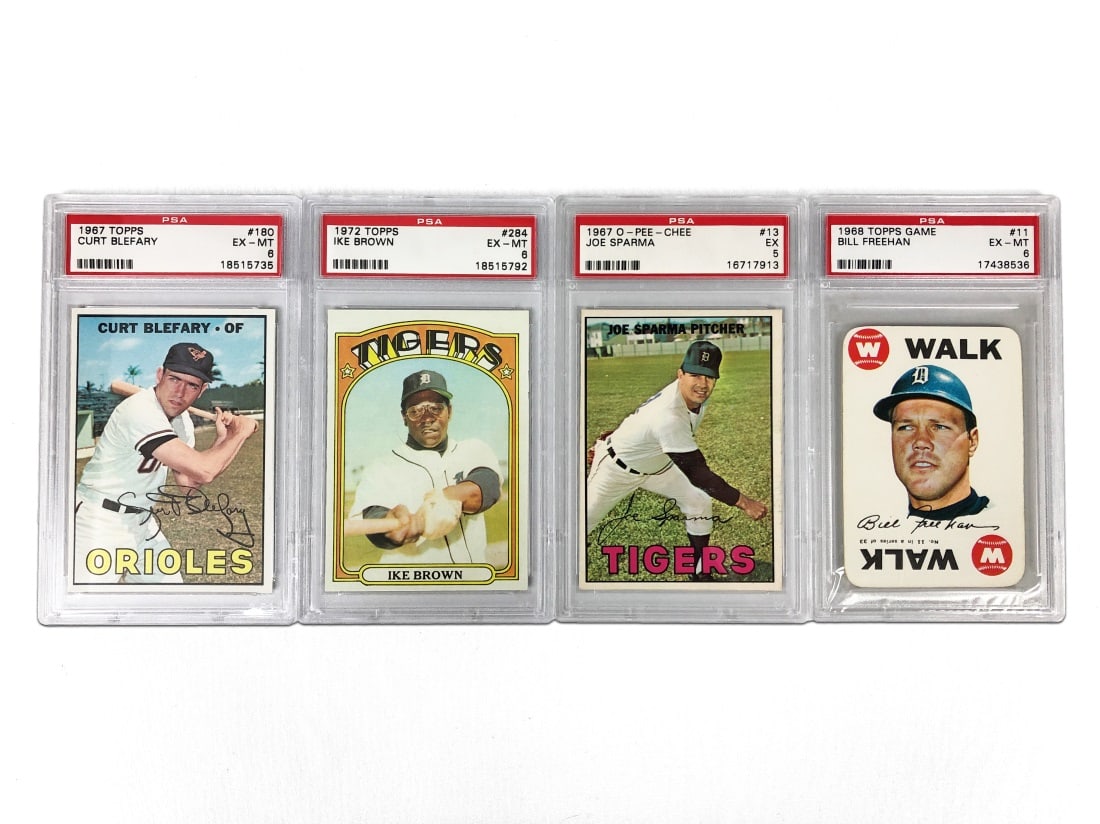 Lot of Four PSA Graded Baseball Cards: All cards have been slabbed and graded by PSA. Included cards: Curt Blerfary - 1967 Topps - PSA 6 Ike Brown - 1972 Topps - PSA 6 Joe Sparima - 1967 O-Pee-Chee - PSA 5 Bill Freehan -1966 Topps (Card Ga