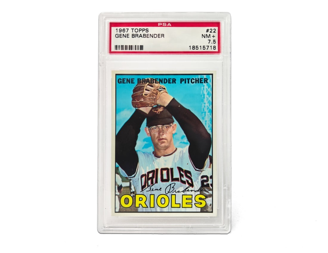 1967 Topps Gene Brabender Baseball Card - PSA 7.5: A Gene Brabender baseball card for the 1967 MLB season by Topps. The card has been slabbed and graded by PSA.