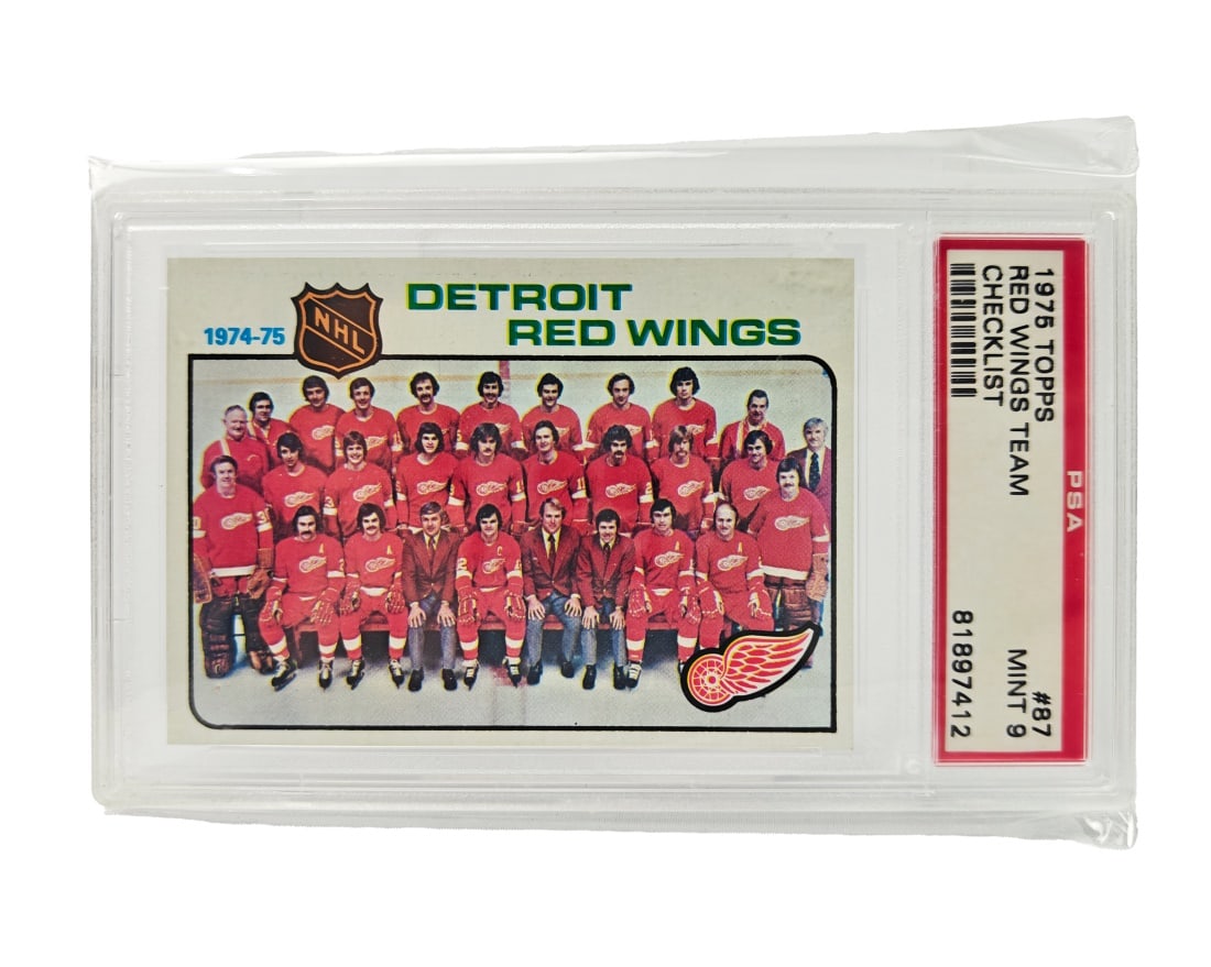 1975 Topps Detroit Redwings Team Checklist Card: A Detroit Redwings Team Checklist card by Topps for the 1975 NHL season. The card has been slabbed and graded a 9 by PSA.