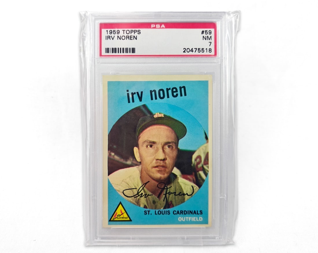 1959 Topps Irv Noren Baseball Card - PSA 7: An Irv Noren baseball card for the 1959 MLB season by Topps. The card has been slabbed and graded a 7 by PSA.
