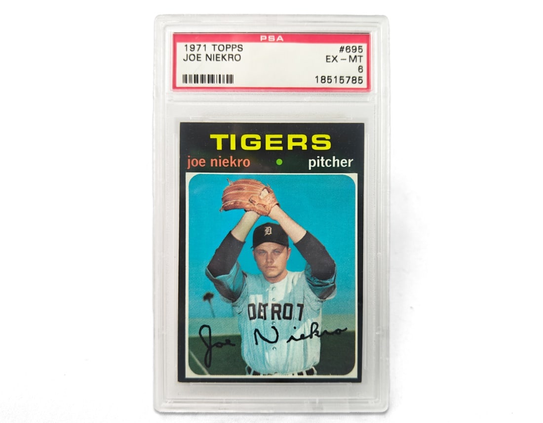 1971 Topps Joe Neikro Baseball Card - PSA 6: A Joe Neikro baseball card for the 1971 MLB season by Topps. The card has been slabbed and graded a 6 by PSA.