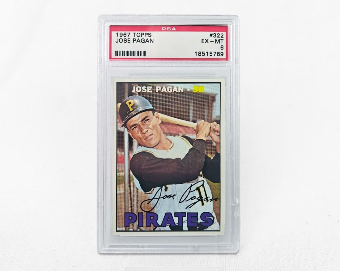 1967 Topps Jose Pagan Baseball Card - PSA 6: A Jose Pagan baseball card for the 1967 MLB season by Topps. The card has been slabbed and graded a 6 by PSA.