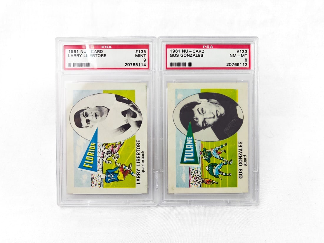 Set of 2 PSA Graded 1961 Nu-Card Football: Both cards are by Nu-Card for the 1961 NCAA football season. Both cards have been graded and slabbed by PSA. Included players: Larry Libertore - PSA 9 Gus Gonzales - PSA 8