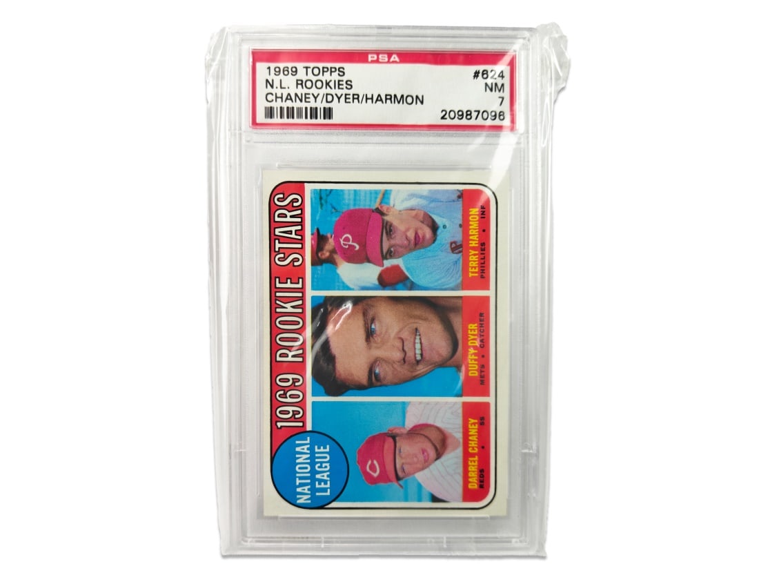 1969 Topps N.L. Rookie Stars Baseball Card - PSA 7: A 1969 National League Rookie Stars baseball card Topps that has been slabbed and graded a 7 by PSA.
