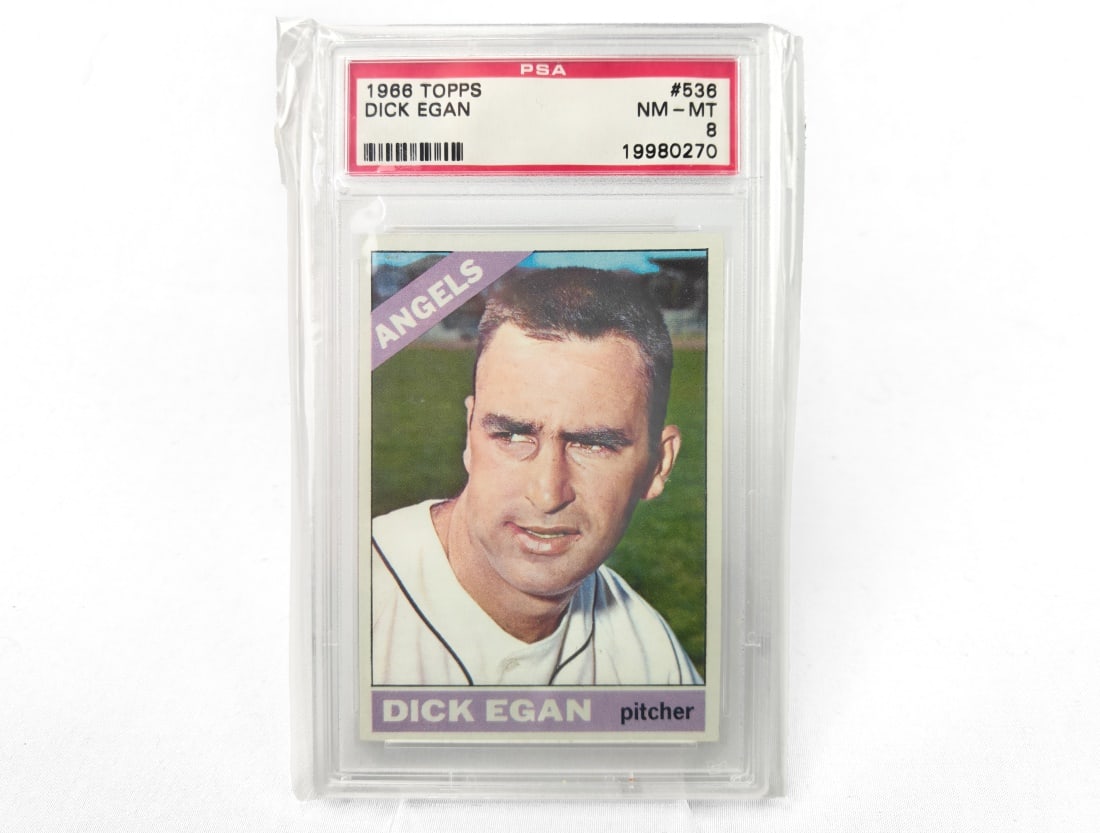 1966 Topps Dick Egan Baseball Card - PSA 8: A 1966 Dick Egan MLB baseball card by Topps that has been slabbed and graded an 8 by PSA.