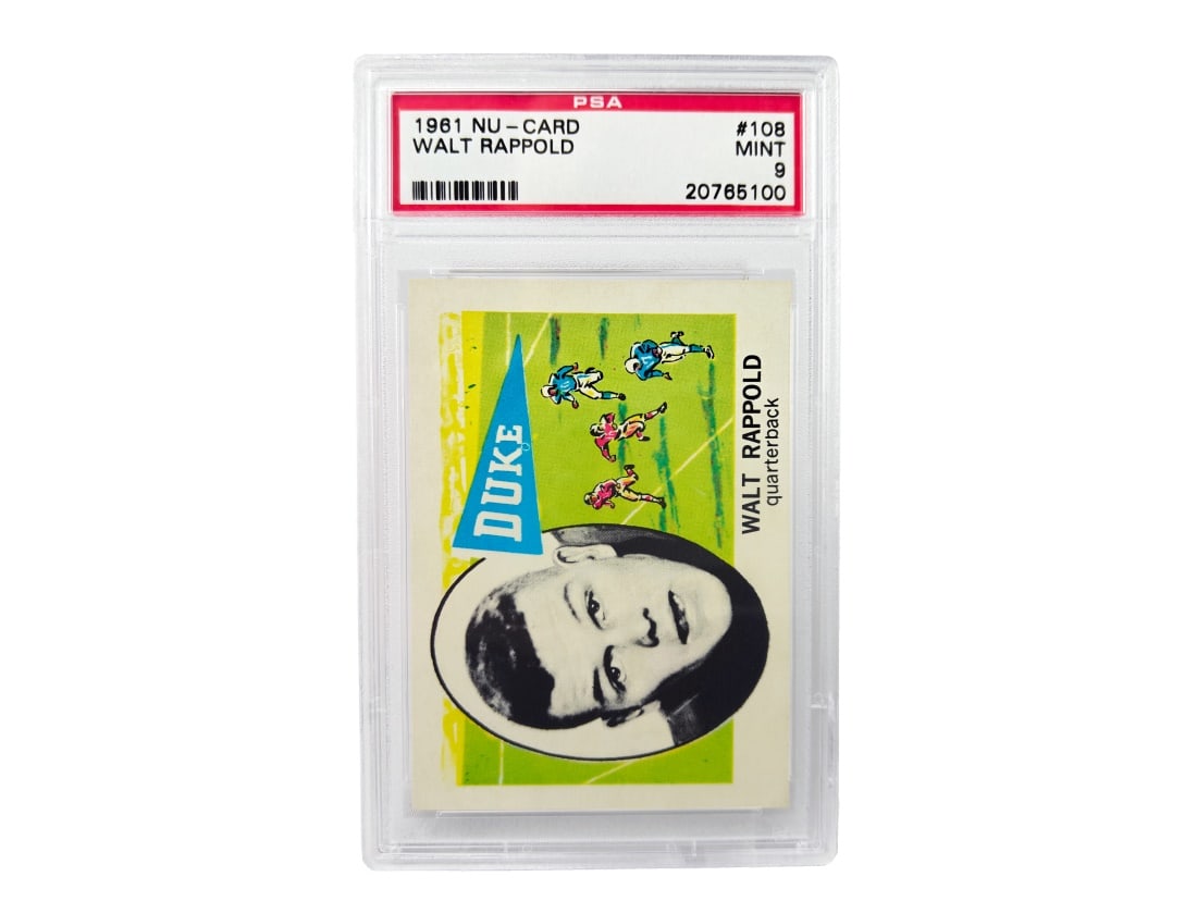 1961 Nu-Card Walt Rappold Foodball Card - PSA 9: A 1961 Walt Rappold college football card by Nu-Card that has been slabbed and graded an 9 by PSA.
