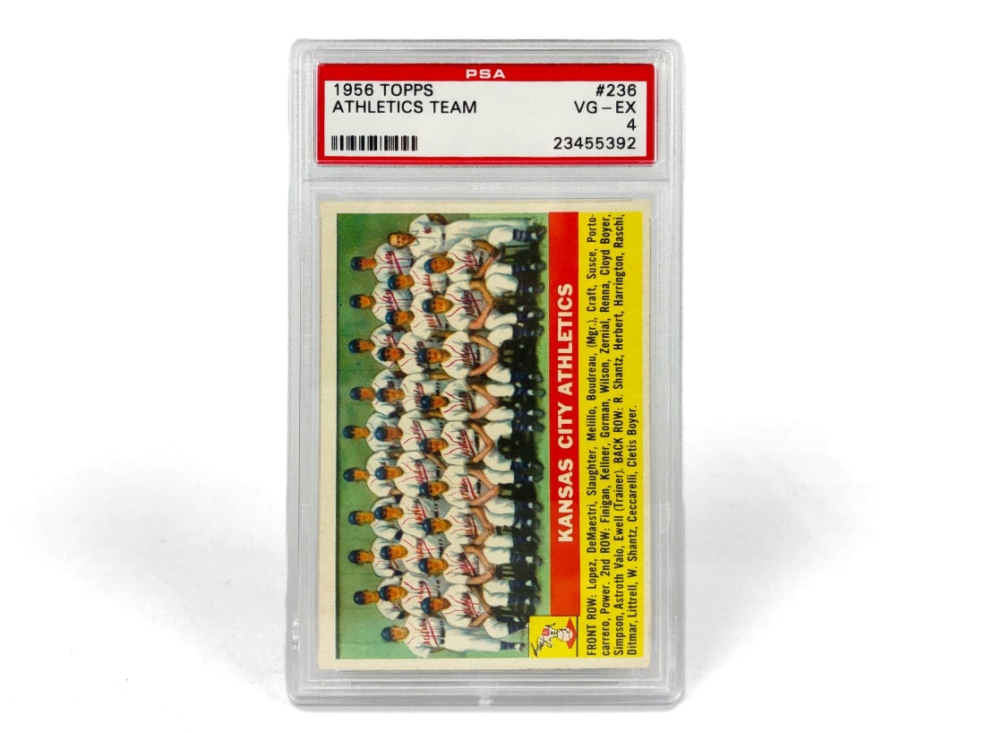 1956 Topps KC Athletics Team Baseball Card - PSA 4: A 1956 KC Athletics MLB baseball card by Topps that has been slabbed and graded a 4 by PSA.