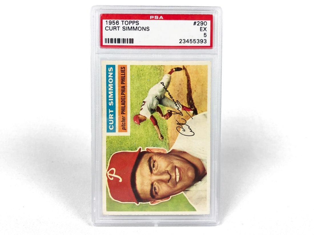 1956 Topps Curt Simmons Baseball Card - PSA 5: A 1956 Curt Simmons MLB baseball card by Topps that has been slabbed and graded a 5 by PSA.