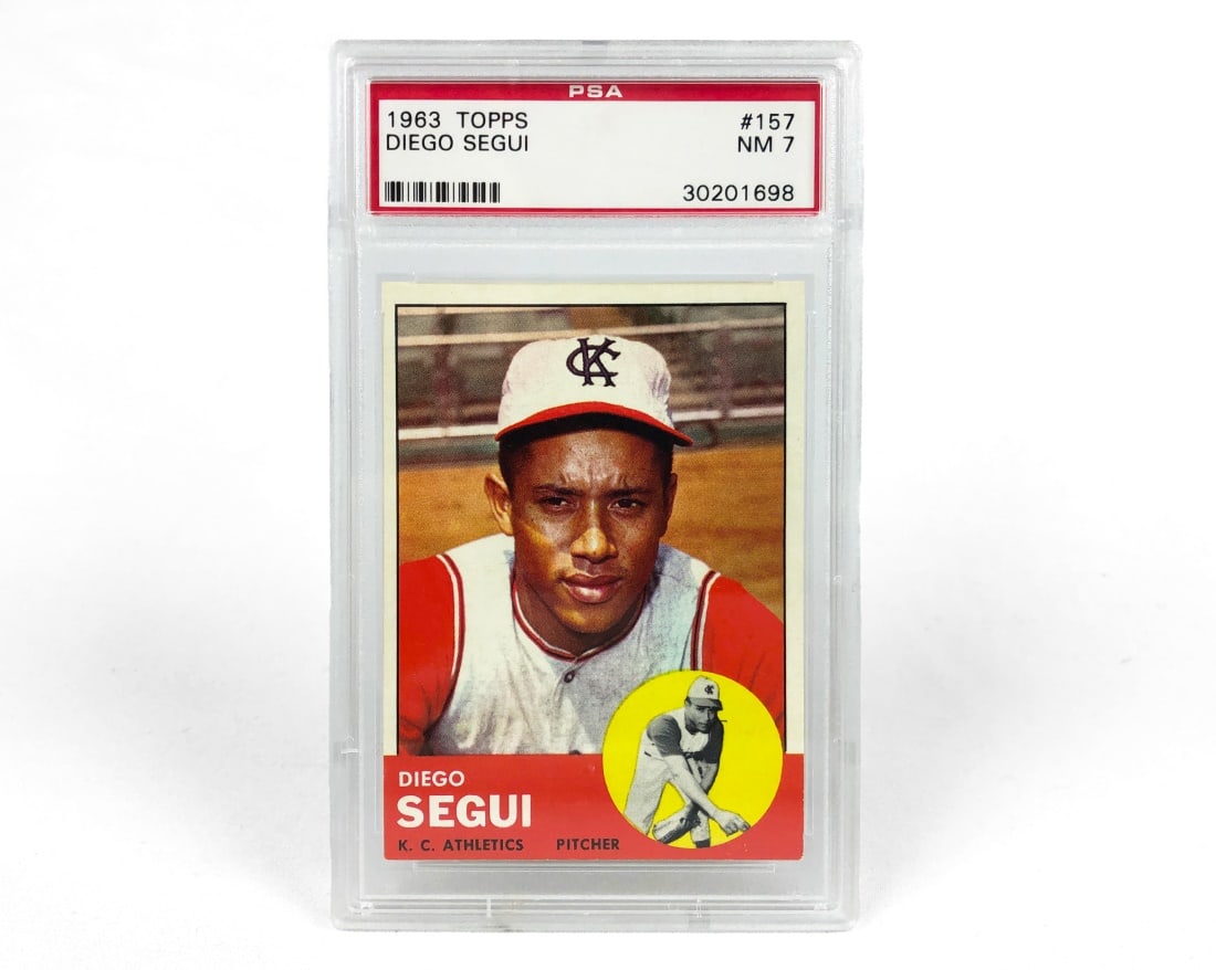 1963 Topps DIego Segui Baseball Card - PSA 7: A 1963 DIego Segui MLB baseball card by Topps that has been slabbed and graded a 7 by PSA.