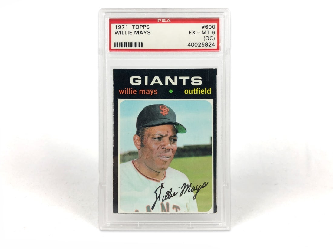 1971 Topps Willie Mays Baseball Card - PSA 6: A 1971 Willie Mays MLB baseball card by Topps that has been slabbed and graded a 6 by PSA.