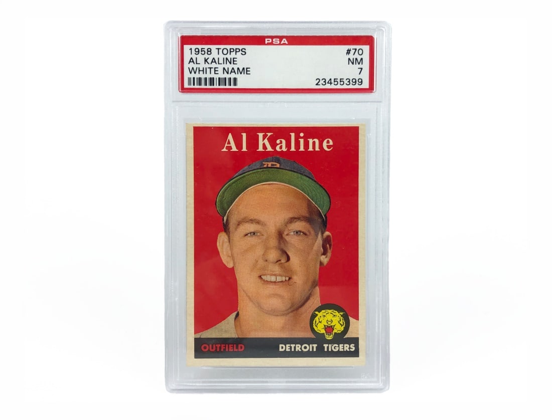 1958 Topps Al Kaline Baseball Card - PSA 7: A 1958 Al Kaline MLB baseball card by Topps that has been slabbed and graded a 7 by PSA.