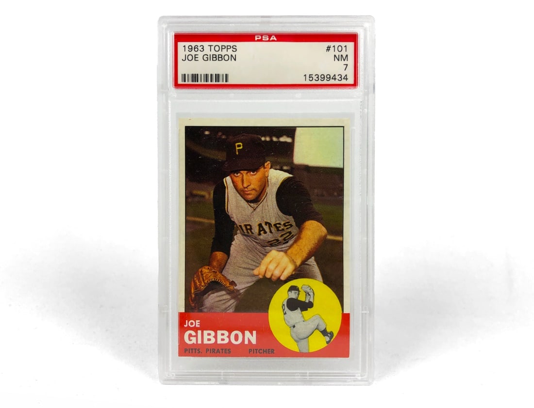 1963 Topps Joe Gibbon Baseball Card - PSA 7: A 1963 Joe Gibbon MLB baseball card by Topps that has been slabbed and graded a 7 by PSA.