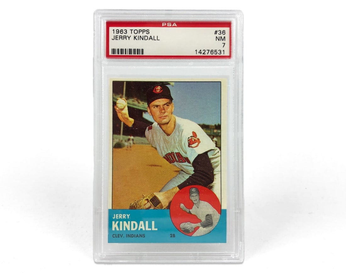 1963 Topps Jerry Kindall Baseball Card - PSA 7: A 1963 Jerry Kindall MLB baseball card by Topps that has been slabbed and graded a 7 by PSA.