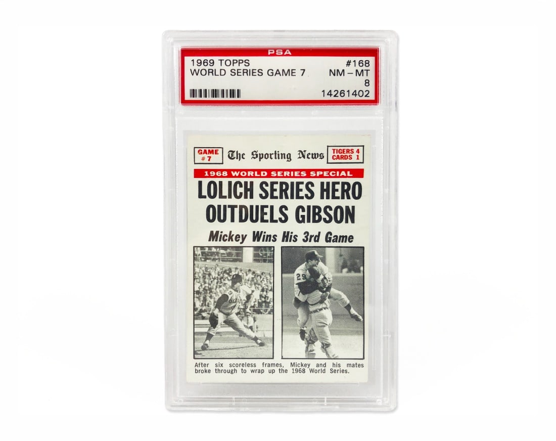 1969 Topps World Series Game 7 Card - PSA 8: A 1969 World Series Game 8 MLB baseball card by Topps that has been slabbed and graded a 7 by PSA.