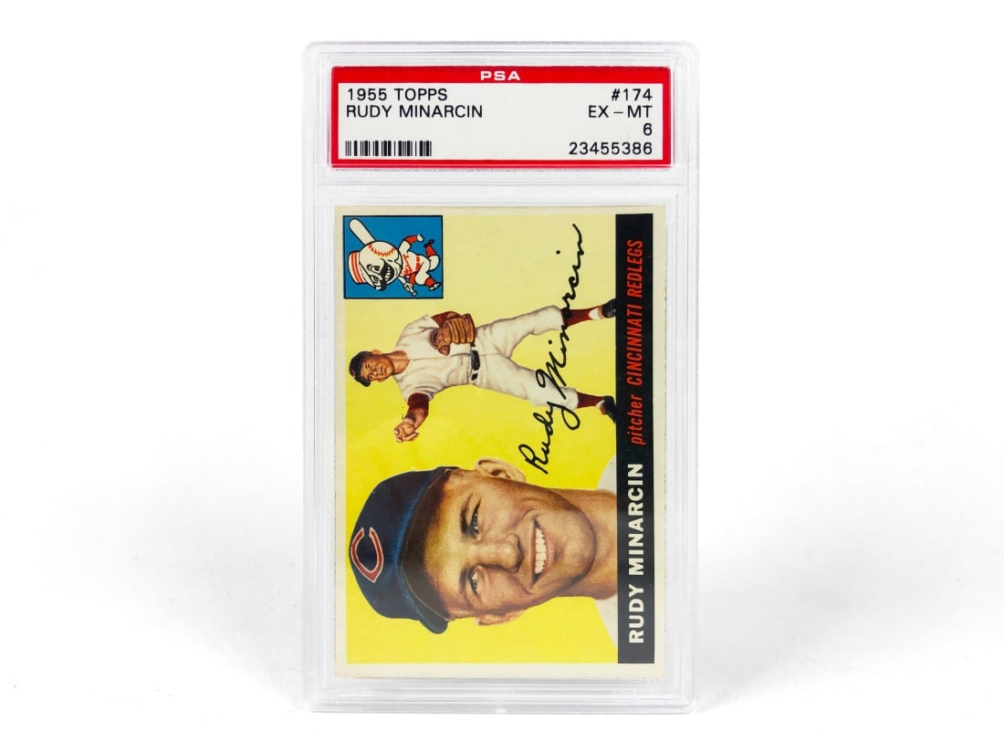 1955 Topps Rudy Minarcin Baseball Card - PSA 6: A 1955 Rudy Minarcin MLB baseball card by Topps that has been slabbed and graded a 6 by PSA.