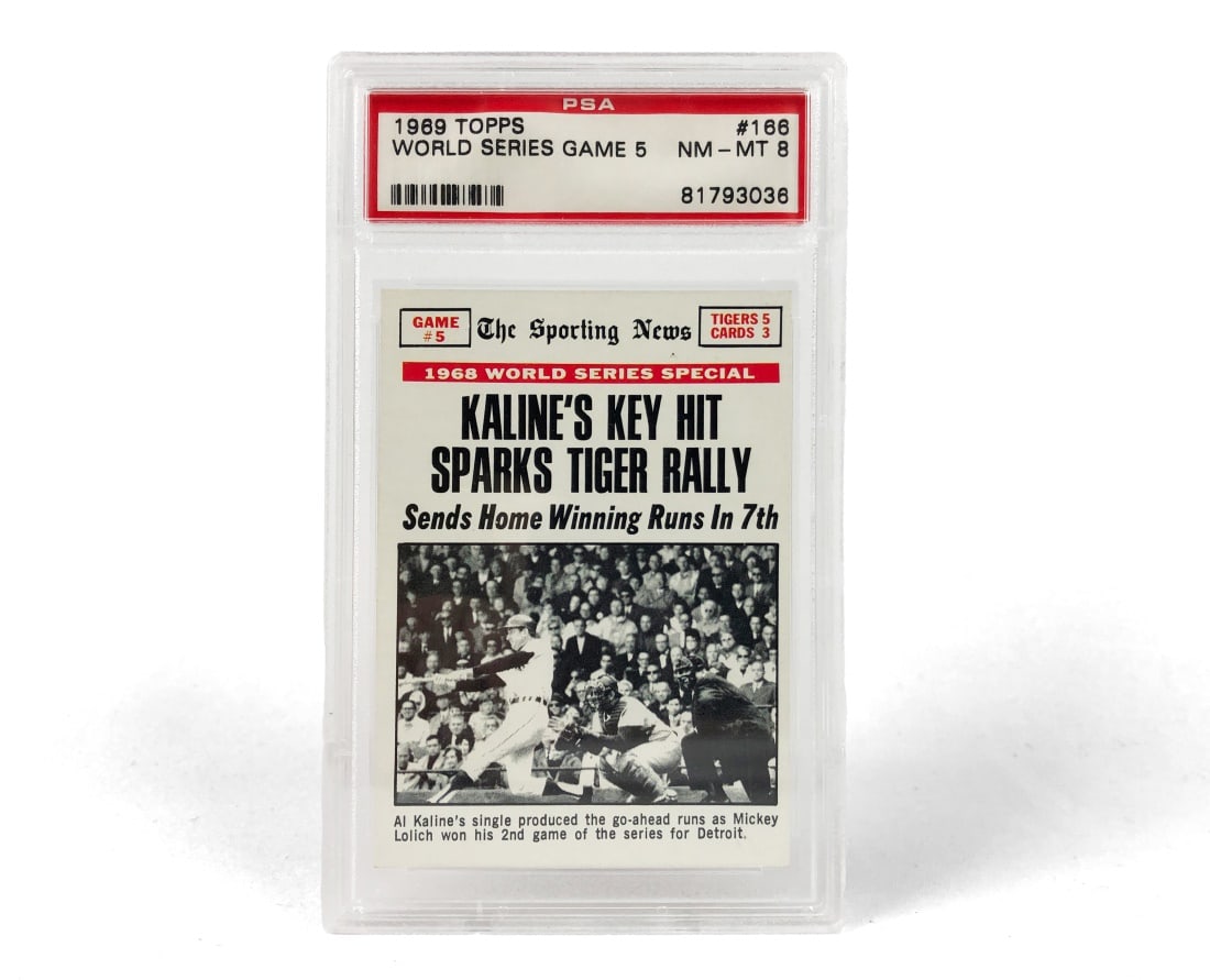 1969 Topps World Series Game 5 Card - PSA 8: A 1969 Topps World Series Game 5 MLB baseball card by Topps that has been slabbed and graded a 8 by PSA.