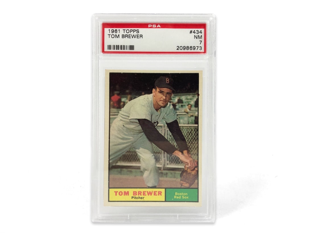1961 Topps Tom Brewer Baseball Card - PSA 7: A 1961 Tom Brewer MLB baseball card by Topps that has been slabbed and graded a 7 by PSA.