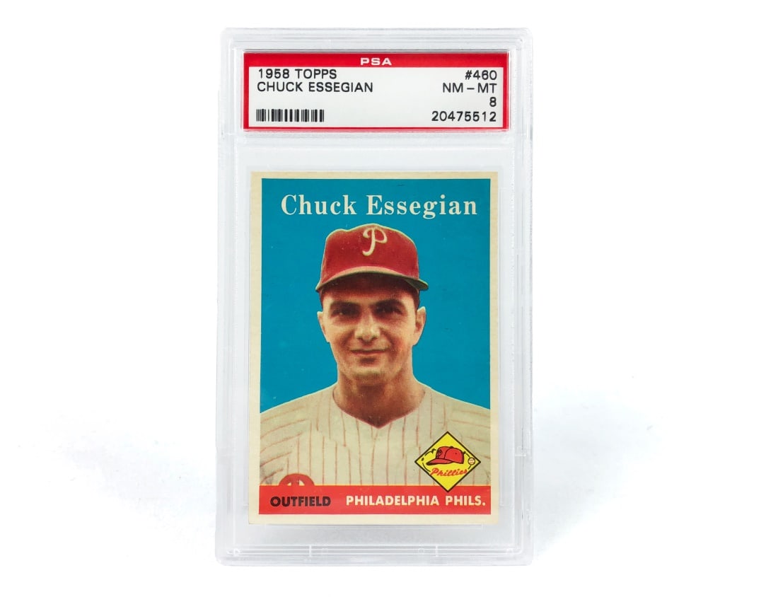1958 Topps Chuck Essegian Baseball Card - PSA 8: A 1958 Chuck Essegian MLB baseball card by Topps that has been slabbed and graded a 8 by PSA.