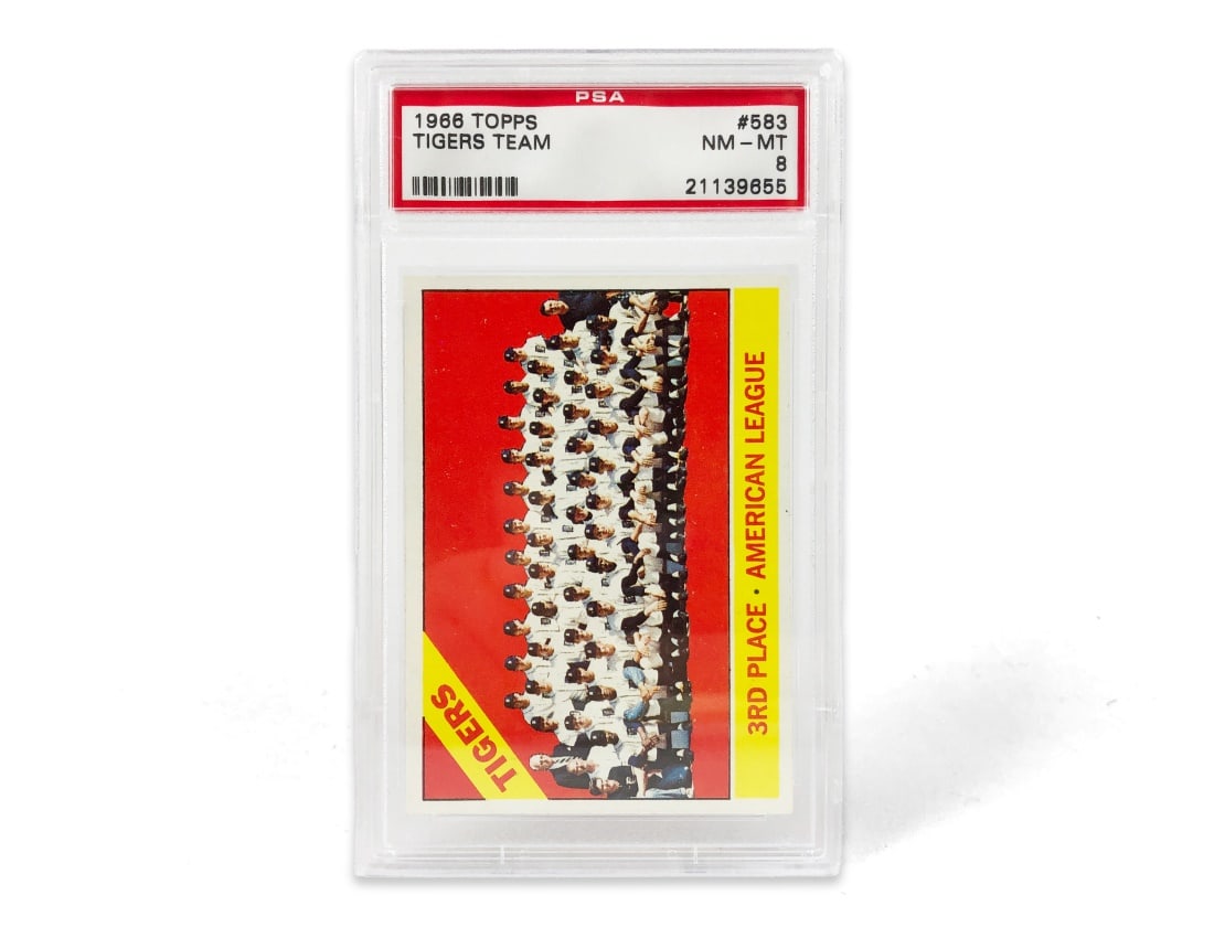 1966 Topps Tigers Team Baseball Card - PSA 8: A 1966 Detroit Tigers MLB baseball team card by Topps that has been slabbed and graded an 8 by PSA.
