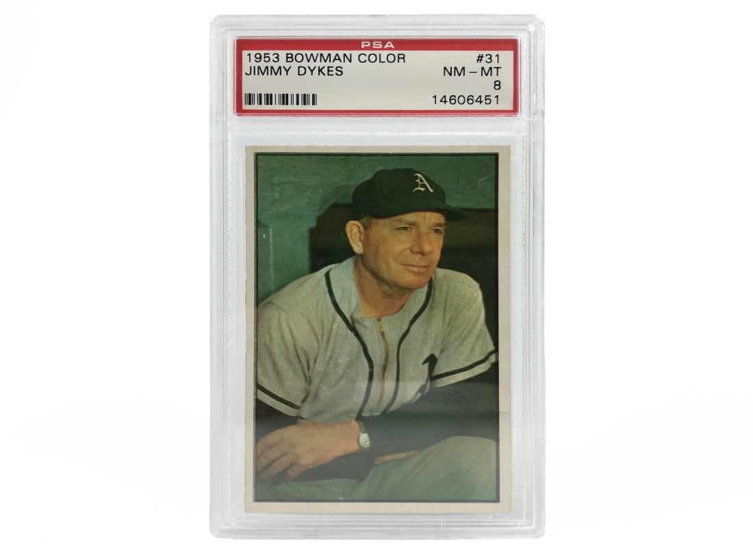 1953 Bowman Jimmy Dykes Baseball Card - PSA 8: A 1953 Jimmy Dykes MLB baseball card by Bowman that has been slabbed and graded an 8 by PSA.