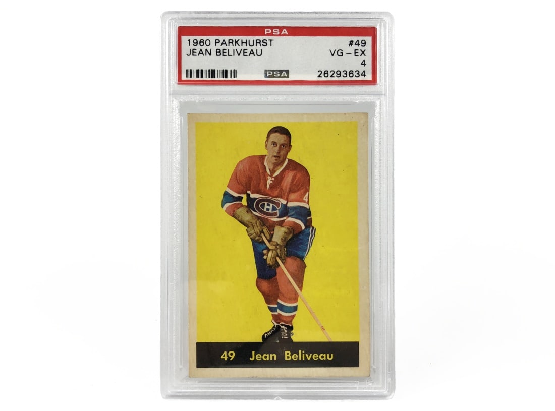 1960 Parkhurst Jean Beliveau Card - PSA 4: A 1960 Jean Beliveau NHL Hockey card by Parkhurst that has been slabbed and graded a 4 by PSA.