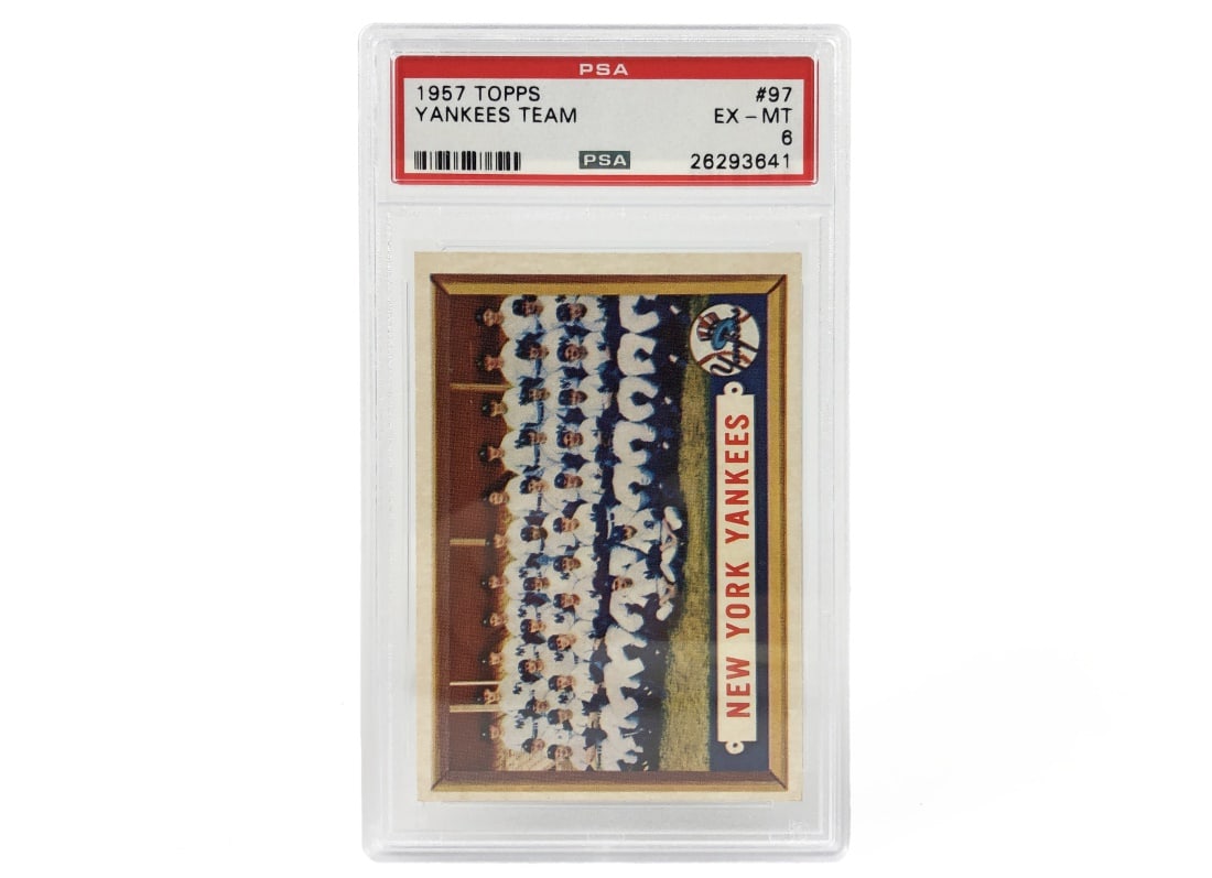 1957 Topps Yankees Team Baseball Card - PSA 6: A 1957 Yankees Team MLB baseball card by Topps that has been slabbed and graded a 6 by PSA.