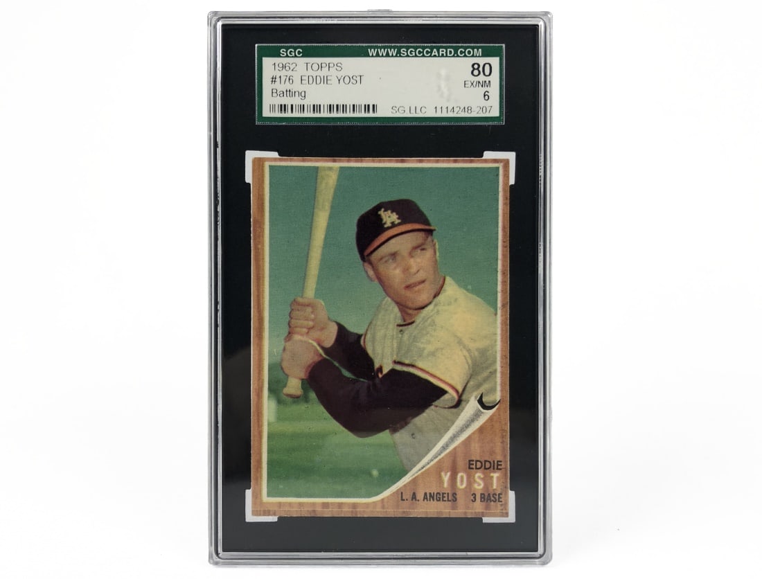 1962 Topps Eddie Yost Baseball Card - SGC 6: A 1962 Eddie Yost MLB baseball card by Topps that has been slabbed and graded a 6 by SGC.