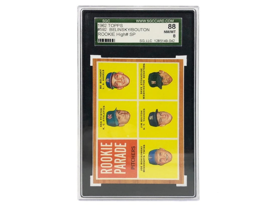 1962 Topps Pitchers Rookie Parade Card - SGC 8: A 1962 Pitchers Rookie Parade MLB baseball card by Topps, featuring Dan Pfister, Bo Belinsky, Joe Bonikowski, Jim Bouton, and Dave Stenhouse that has been slabbed and graded an 8 by SGC.
