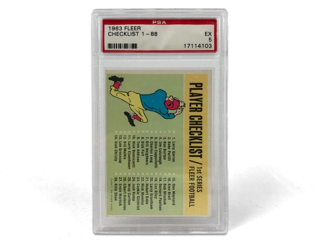 1963 Fleer Player Checklist Baseball Card - PSA 5: A 1963 Player Checklist (1 - 88) MLB baseball card by Fleer that has been slabbed and graded a 5 by PSA.