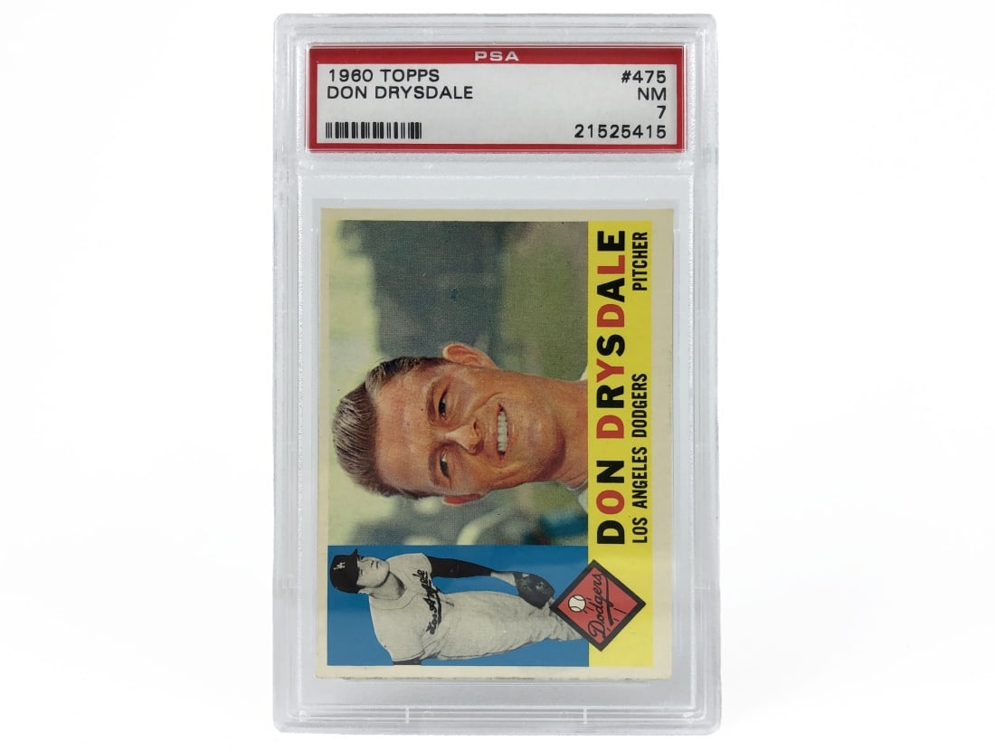 1960 Topps Don Drysdale Baseball Card - PSA 7: A 1960 Don Drysdale MLB baseball card by Topps that has been slabbed and graded a 7 by PSA.