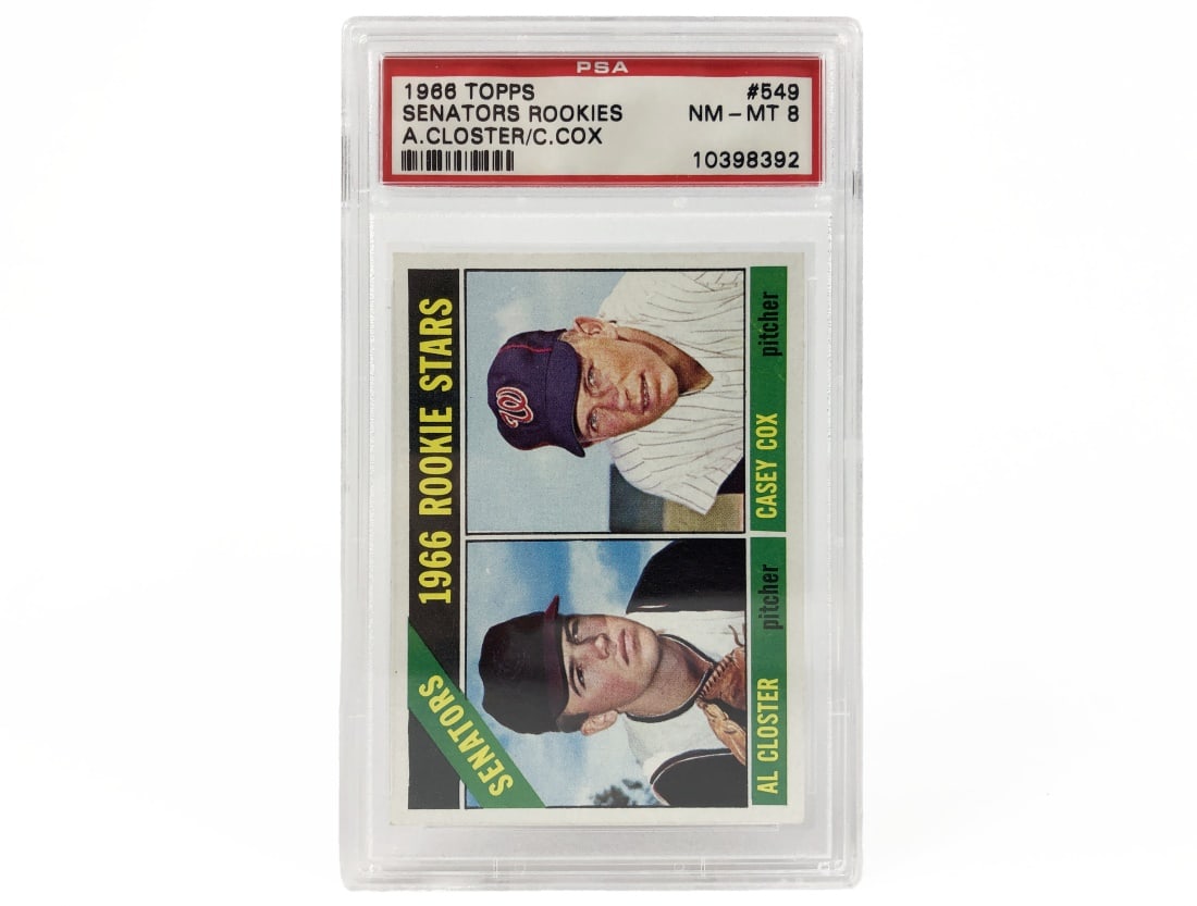 1966 Topps Rookie Stars Baseball Card - PSA 8: A 1966 Rookie Stars MLB baseball card by Topps featuring Al Closter and Casey Cox. It has been slabbed and graded an 8 by PSA.