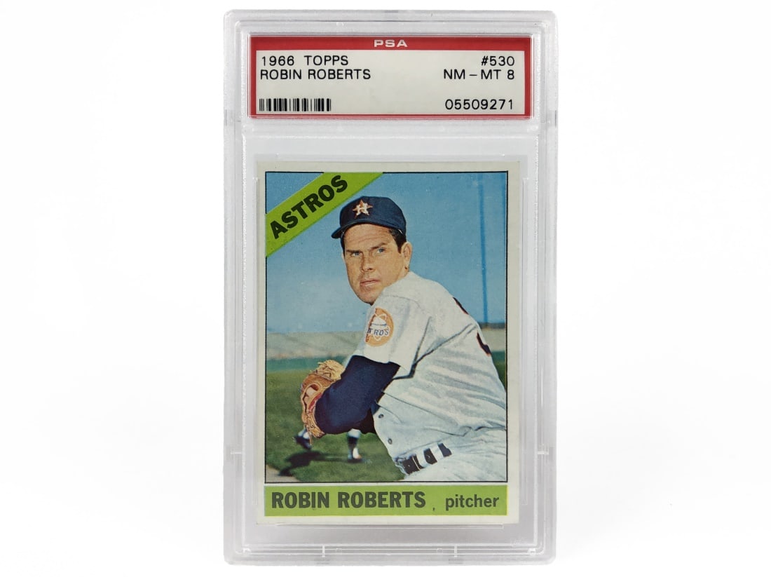 1966 Topps Robin Roberts Baseball Card - PSA 8: A 1966 Robin Roberts MLB baseball card by Topps that has been slabbed and graded an 8 by PSA.