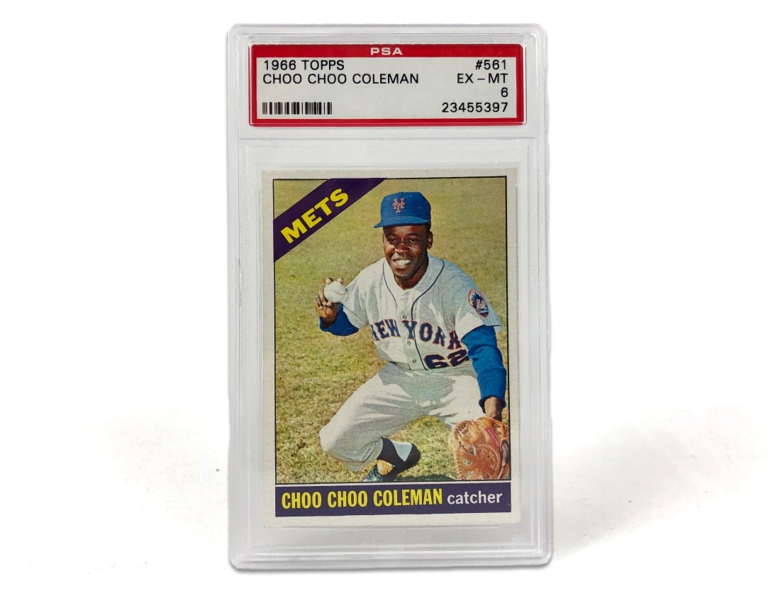 1966 Topps Choo-Choo Coleman Baseball Card - PSA 6: A 1966 Clarence "Choo-Choo" Coleman MLB baseball card by Topps that has been slabbed and graded an 6 by PSA.