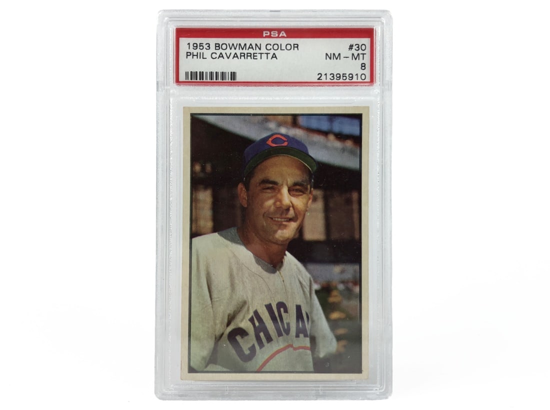 1953 Topps Phil Cavarretta Baseball Card - PSA 8: A 1953Phil Cavarretta MLB baseball card by Topps that has been slabbed and graded an 8 by PSA.