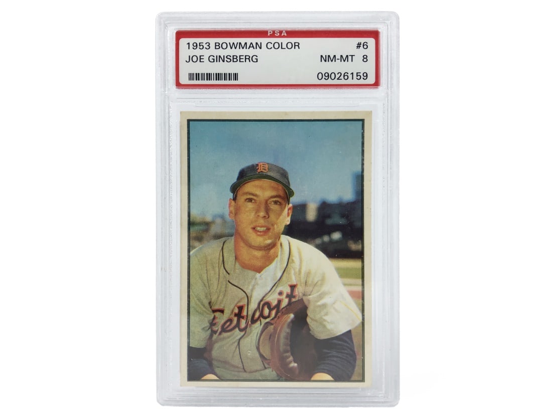 1953 Topps Joe Ginsberg Baseball Card - PSA 8: A 1958 Joe Ginsberg MLB baseball card by Topps that has been slabbed and graded an 8 by PSA.