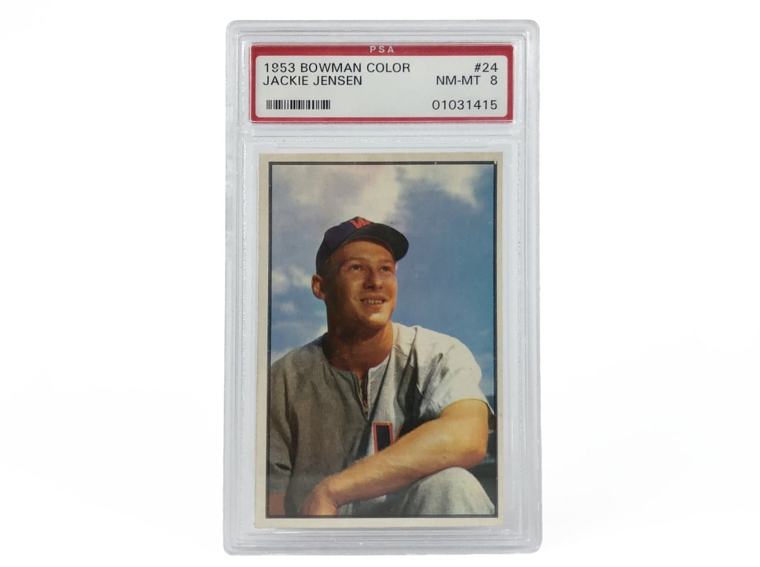1953 Topps Jackie Jensen Baseball Card - PSA 8: A 1953 Jackie Jensen MLB baseball card by Topps that has been slabbed and graded an 8 by PSA.