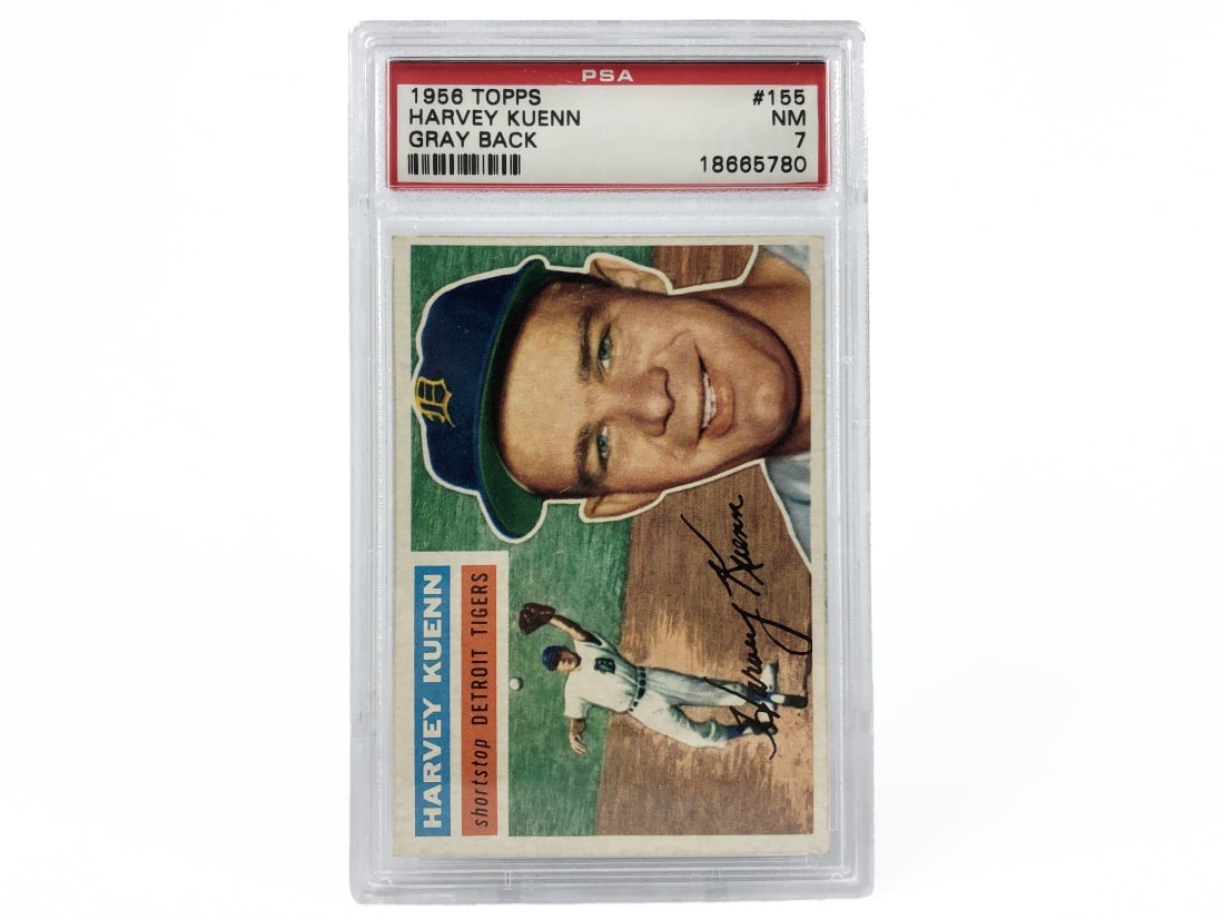1956 Topps Harvey Kuenn Baseball Card - PSA 7: A 1956 Harvey Kuenn MLB baseball card (Gray Back) by Topps that has been slabbed and graded an 7 by PSA.
