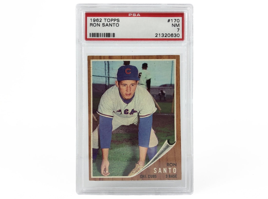 1962 Topps Ron Santo Baseball Card - PSA 7: A 1962 Ron Santo MLB baseball card by Topps that has been slabbed and graded a 7 by PSA.