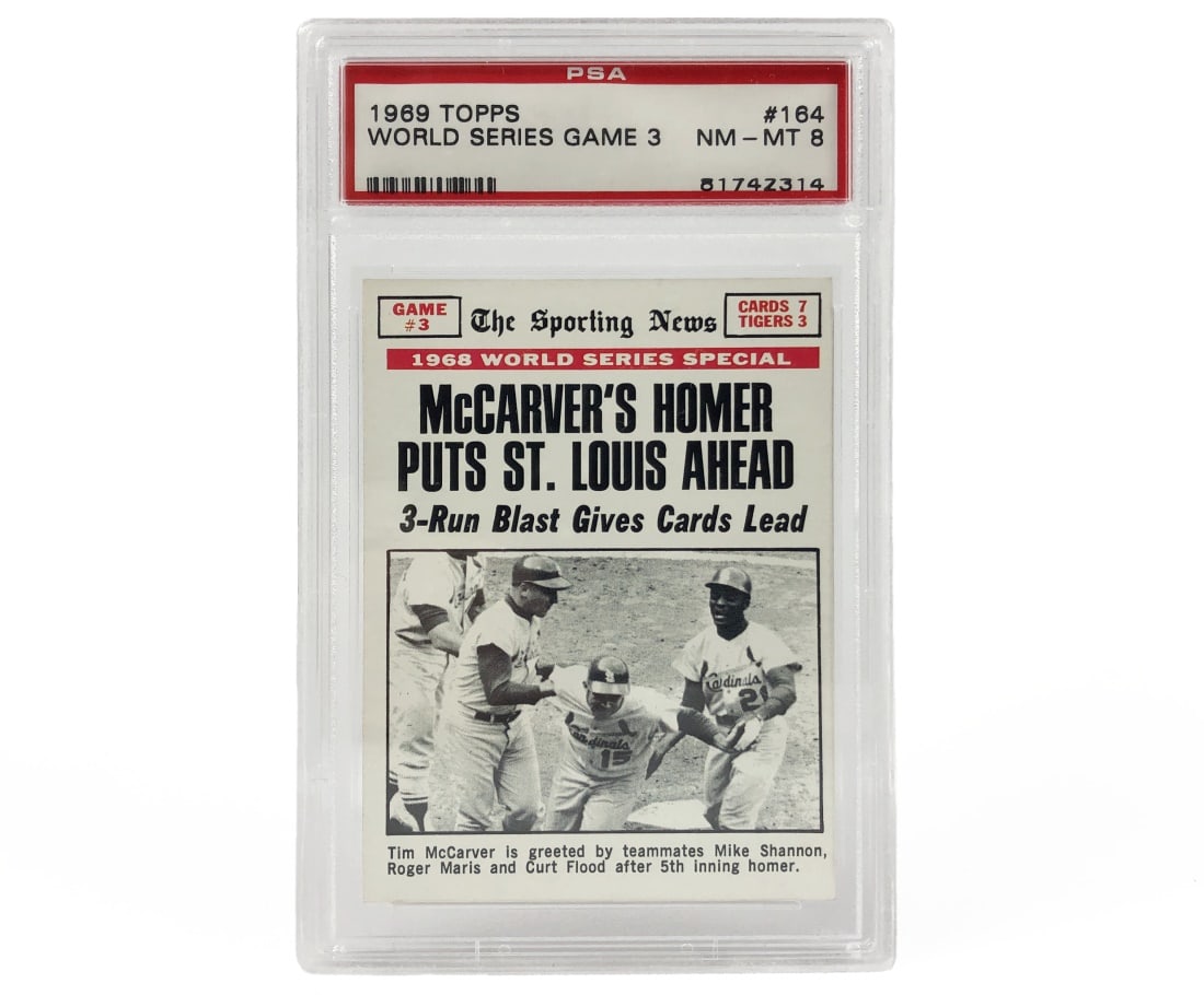 1969 Topps World Series Game 3 Card - PSA 8: A 1969 World Series Game 3 MLB baseball card by Topps that has been slabbed and graded an 8 by PSA.