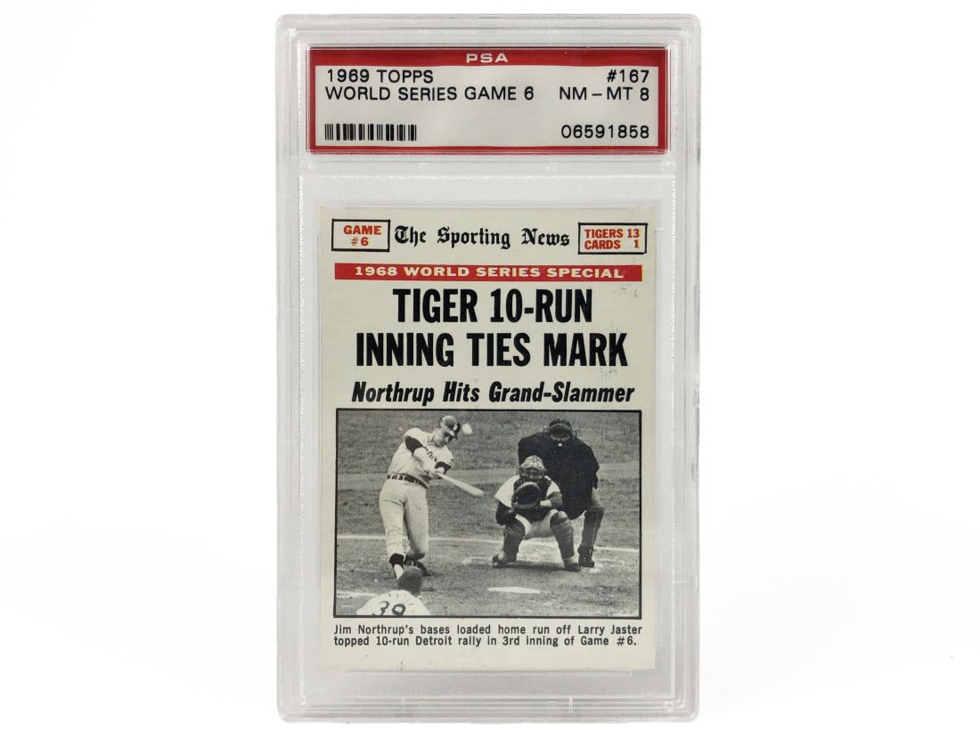 1969 Topps World Series Games 6 Card - PSA 8: A 1969 World Series Games 6 MLB baseball card by Topps that has been slabbed and graded an 8 by PSA.