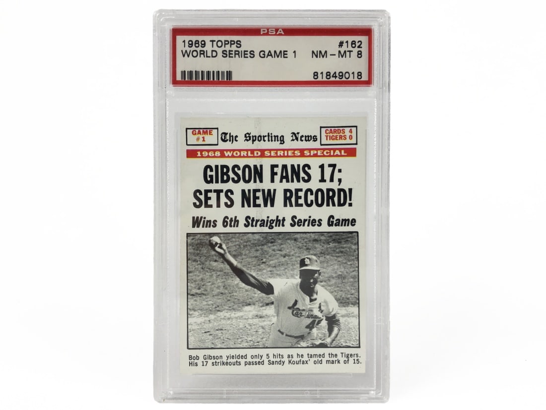 1969 Topps World Series Game 1 Card - PSA 8: A 1969 World Series Game 1 MLB baseball card by Topps that has been slabbed and graded an 8 by PSA.