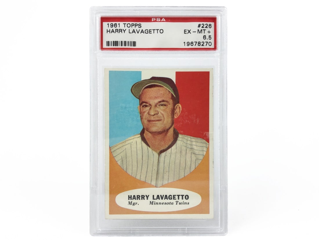 1961 Topps Harry Lavagetto Card - PSA 6.5: A 1961 Harry Lavagetto MLB baseball card by Topps that has been slabbed and graded a 6.5 by PSA.